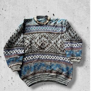 Mens Vintage Geometric Pattern Knit Sweater Mock Neck Pullover Blue Brown Gray